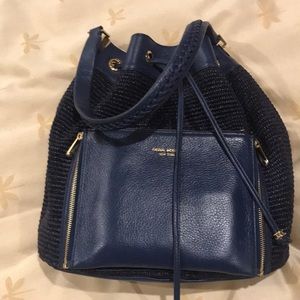 Navy Drawstring Bag with Leather Clutch